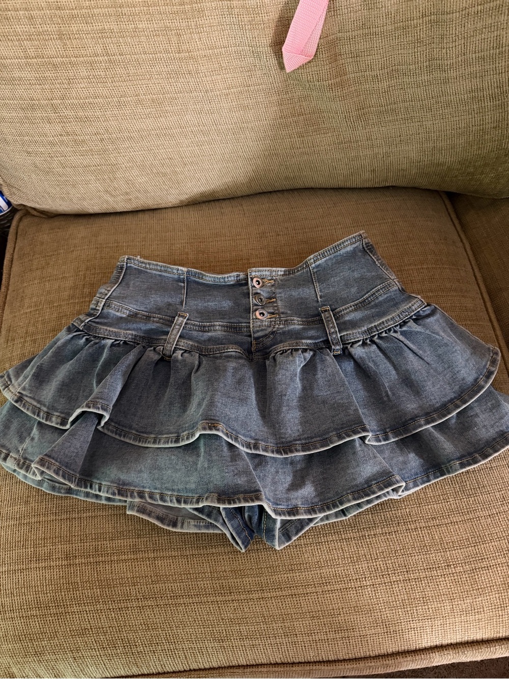 Denim Tiered Ruffle Mini Skirt - Blue